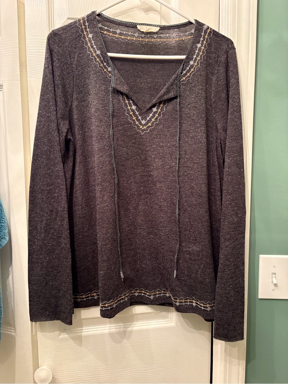 Hem & Thread Charcoal Gray Embroidered Tie-Neck Tunic